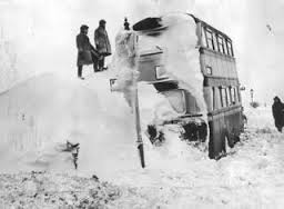 Snow covered bus during the harsh winter of 1946