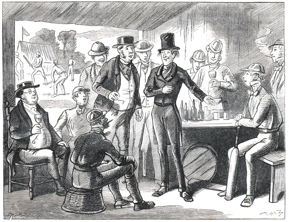 Mr. Wardle looked on, in silent wonder. by Phiz (Hablot K. Browne). Household Edition (1874) of Dickens's Pickwick Papers, p. 41. Engraved by one of the Dalziels. 