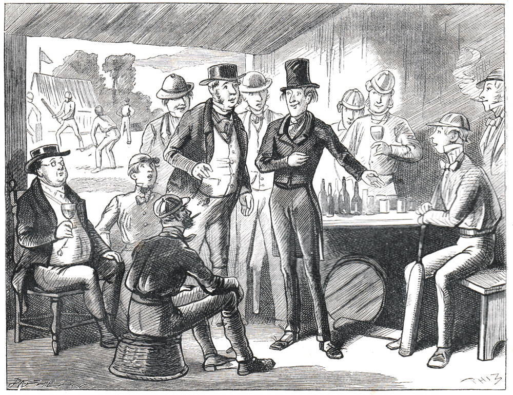 Mr. Wardle looked on, in silent wonder. by Phiz (Hablot K. Browne). Household Edition (1874) of Dickens's Pickwick Papers, p. 41. Engraved by one of the Dalziels.