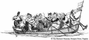 Jolly boat bound for a ship.